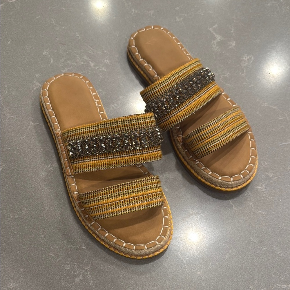 Crown Vintage Tan and Yellow Sandals with Embellished Strap
